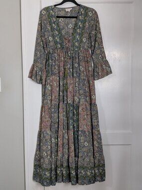 Boemo Anthropologie Maxi Dress Floral Patchwork Lace Up Size Medium Boho Whimsy
